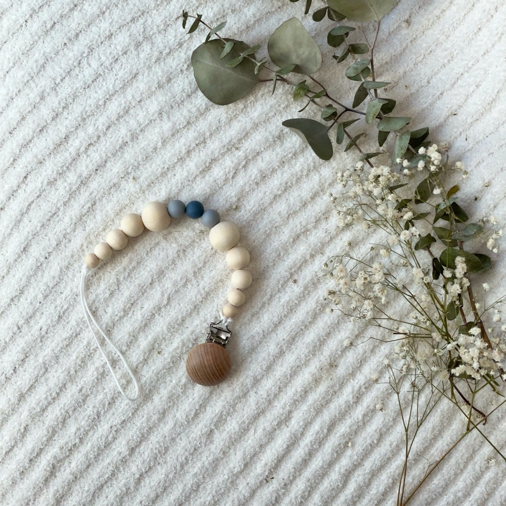 Neutral Silicone and Wood Bead Pacifier/Teether Clip